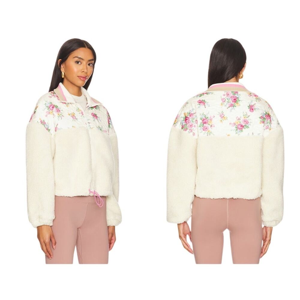 NWT For Love & Lemons Saide Floral Fleece Jacket in Pink/White Size Large‎